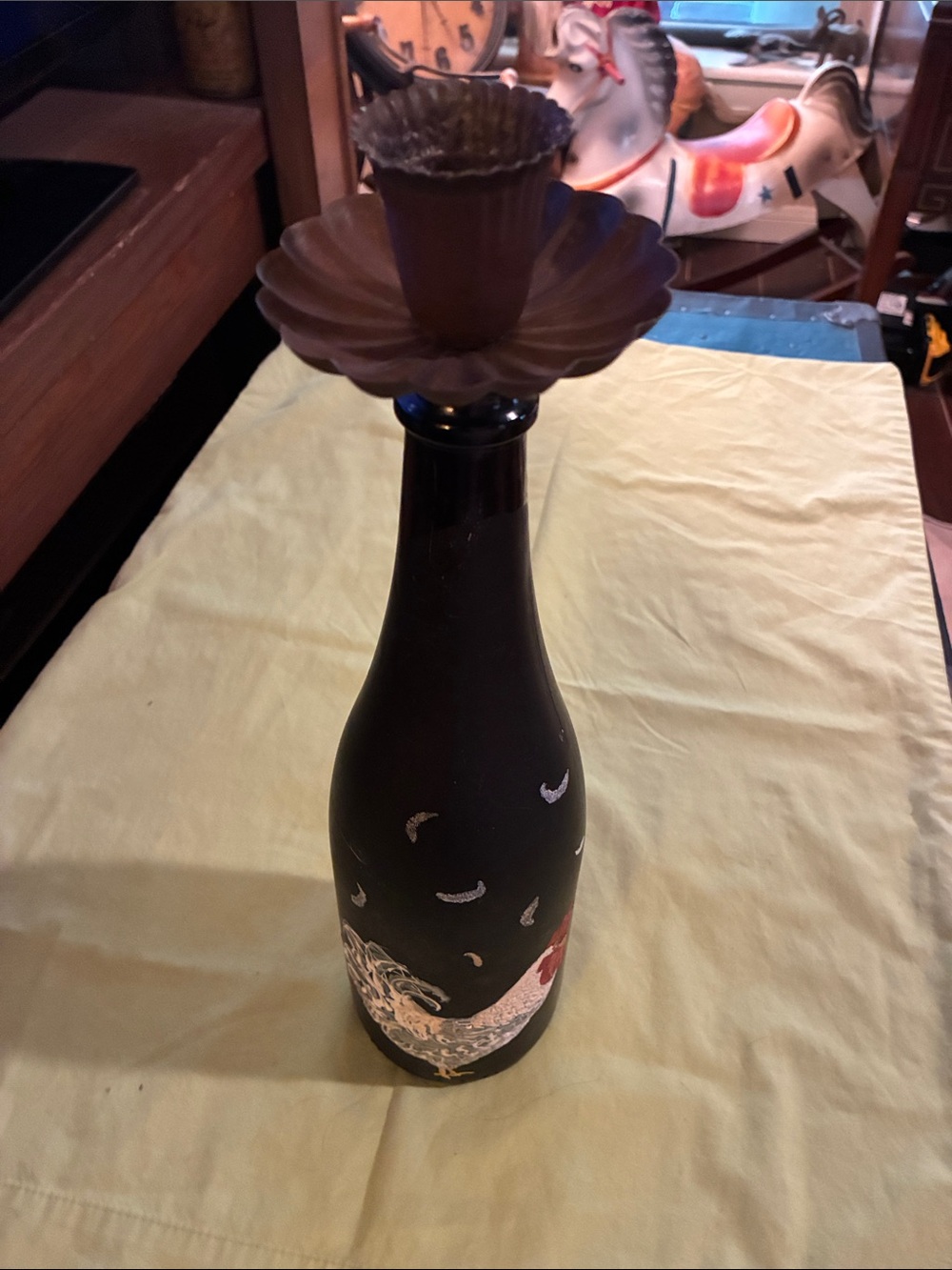 Decorative Hand Painted Chicken-Black Bottle Candle Holder with Floral Accent